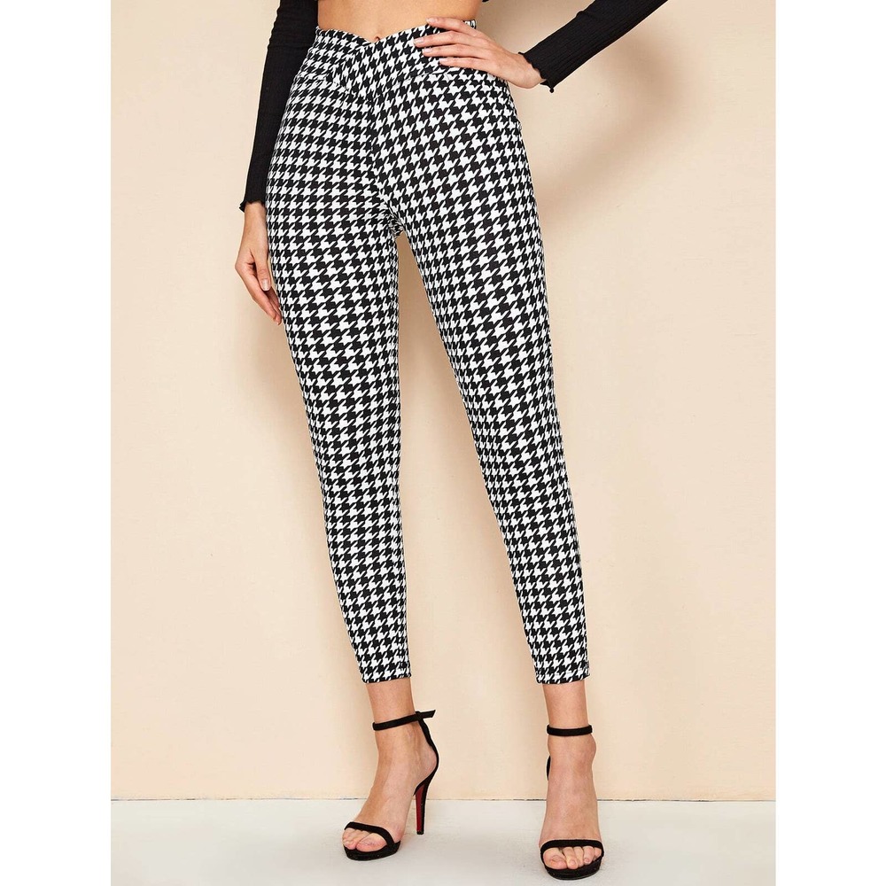 Houndstooth print High Rise Skinny Pants black white - Picture 1 of 5